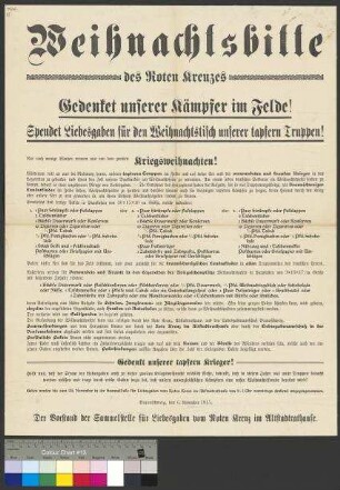 Aufruf zur Sammlung von Weihnachtspaketen und Geldspenden im Herzogtum Braunschweig für die braunschweigischen Soldaten im Ersten Weltkrieg (Kriegsjahr 1915)