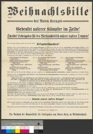Aufruf zur Sammlung von Weihnachtspaketen und Geldspenden                                     im Herzogtum Braunschweig für die braunschweigischen Soldaten im                                     Ersten Weltkrieg (Kriegsjahr 1915)