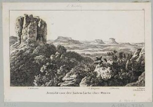 Aussicht von der Hohen Liebe, östlich von Ostrau, mit Blick auf den Falkenstein und in die Ferne auf Lilienstein und Königstein in der Sächsischen Schweiz