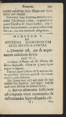 Membrum V. De Officiis Dominorum Erga Servos & Contra.
