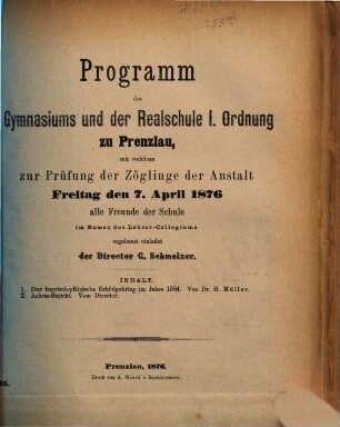 Programm des Gymnasiums und der Realschule I. Ordnung zu Prenzlau. 1875/76