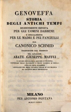 Genoveffa : storia degli antichi tempi ; recentemente esposta per gli uomini dabbene e specialmente per le madri e pei fanciulli