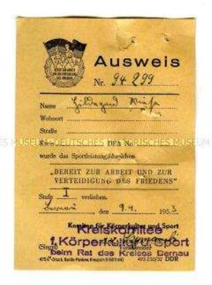 Ausweis zum Sportleistungsabzeichen "Bereit zur Arbeit und zur Verteidigung des Friedens", Stufe I