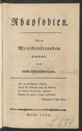 Rhapsodien : Allen Menschenfreunden gewidmet