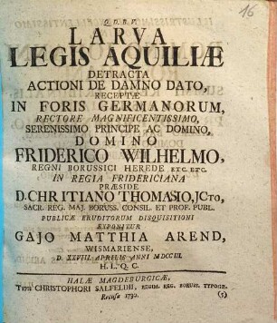 Larva Legis Aquiliae Detracta Actioni De Damno Dato, Receptae In Foris Germanorum