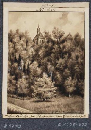 Blick aus dem Rabenauer Grund zur Rabenauer Kirche, Nr. 37 aus J. F. W. Wegeners Mappe "Die rothe Weißeritz", 2. Teil, von 1837