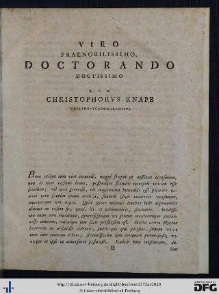 Viro Praenobilissimo Doctorando Doctissimo S. P. D. Christophorus Knape, Wollino-Ucaromarchicus.