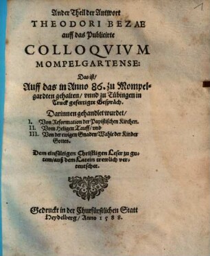 Antwort Theodori Bezae auff das publicirte Colloquium Mompelgartense, 2