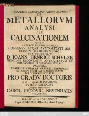 Dissertatio Inavgvralis Physico-Chemica De Metallorvm Analysi Per Calcinationem