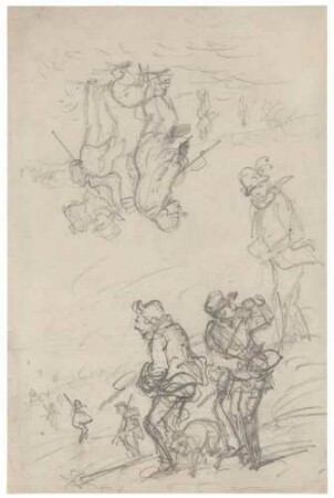 Skizzenblatt mit Jägern (Kompositionsentwürfe, vermutlich zu dem Gemälde: "Wohin ist der Hase gelaufen?")