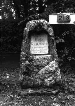 Grabstein 23 (Index: 100101748) Material: Kalkstein, weiße Marmorplatte Zustand: gut Maße HxBxT: 107x41x20 cm Beschreibung: Stele, rustica, Schriftplatte mit doppelbogigem Abschluß: Grabstein 23