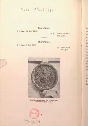 Imprimatur und Mittelalterliches Siegel des Kollegiatstifts Salmünster