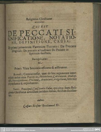 Religionis Chrstianae articulus: Qui est De Peccati Significatione, Notatione, Definitione, Causa