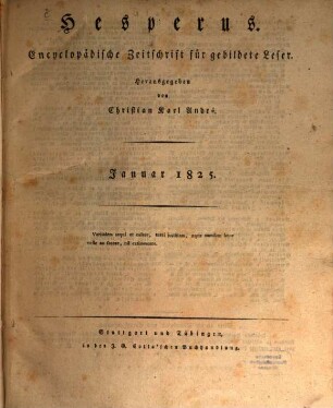 Hesperus : encyclopädische Zeitschrift für gebildete Leser. 1825