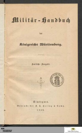 1856: [Militär-Handbuch des Königreichs Württemberg] Band 1856