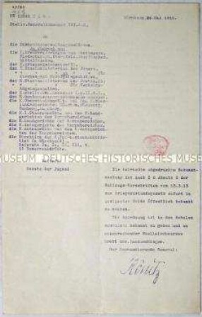 Rundschreiben des stellvertretenden Generalkommandos des III. Armeekorps mit einer Bekanntmachung u.a. zum Verbot des Verkaufs von Tabak an Jugendliche