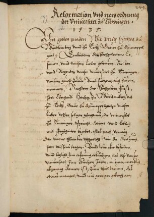 Reformation und New Ordnung der Universitet zu Tüwingen, 1535 [Reformatio Uldarici vom 30.01.1535]