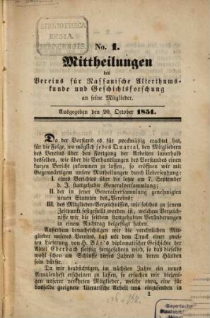 Mittheilungen an die Mitglieder des Vereins für Nassauische Alterthumskunde und Geschichtsforschung zu Wiesbaden, 1851/52 = Nr. 1 (20. October 1851) - 5 (30. Dezember 1852)
