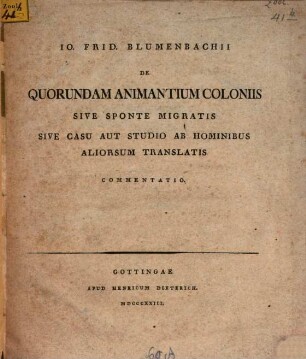 De quorundam animantium coloniis sive sponte migratis sive casu aut studio ab hominibus aliorum translatis commentatio