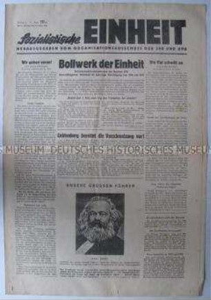 Wochenzeitung "Sozialistische Einheit" zur Vorbereitung der Vereinigung von KPD und SPD in der Sowjetischen Besatzungszone