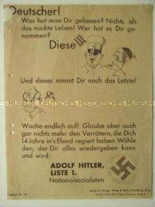 Illustriertes Flugblatt der NSDAP zur Reichstagswahl im November 1932 mit antisemitischen und antikommunistischen Karikaturen