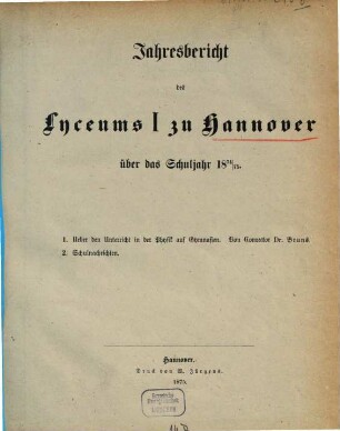 Jahresbericht des Lyceums 1 zu Hannover : über d. Schuljahr .., 1874/75