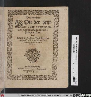 Die gantze Lehr/ Von der heiligen Tauff