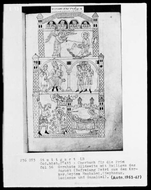 Chorbuch für die Prim — Bildseite mit Heiligen des August, Folio 56recto