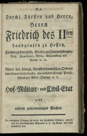 Hof- Militair- und Civil-Etat nebst andern gemeinnuetzigen Sachen