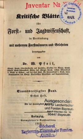 Kritische Blätter für Forst- und Jagdwissenschaft, 31. 1852