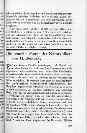 Die sexuelle Moral der Naturvölker/ von H. Berkusky I.