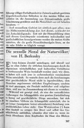 Die sexuelle Moral der Naturvölker/ von H. Berkusky I.