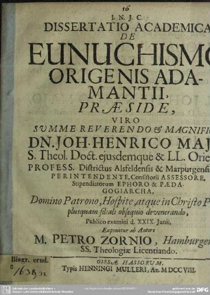 Dissertatio Academica De Eunuchismo Origenis Adamantii