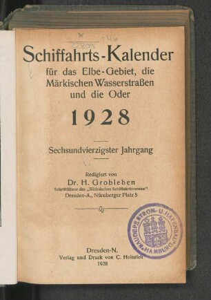 46.1928: Schiffahrts-Kalender für das Elbe-Gebiet und die Märkischen Wasserstrassen