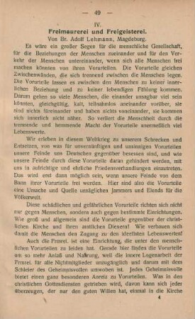 IV. Freimaurerei und Freigeisterei. Von Br. Adolf Lehmann, Magdeburg.