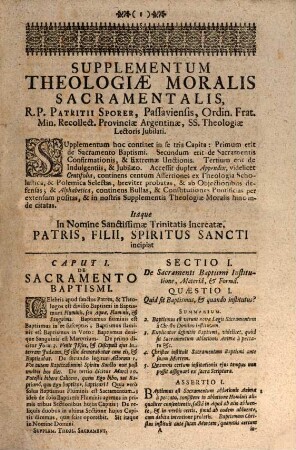 Supplementum Theologiae moralis, sacramentalis, item decalogalis
