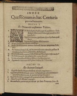 Index Quaestionum in hac Centuria pertractatarum