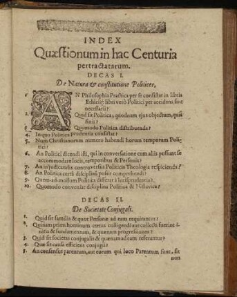 Index Quaestionum in hac Centuria pertractatarum