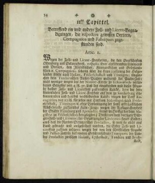 11tes Capittel. Betreffend ein und andere Zoll- und Licent-Begnadigungen, die respective gewissen Oertern, Compagnien und Fabriquen zugestanden sind.