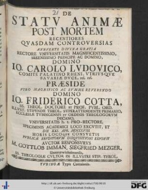 De Statu Animae Post Mortem Recentiores Quasdam Controversias