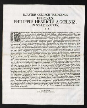 Illustris Collegii Tubingensis Ephorus, Philippus Henricus A Goelniz. In Waldenstein, L. S.