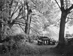 Crostau. Schlosspark. Steintisch mit Sitzbänken in der Ruine einer Wassergrotte