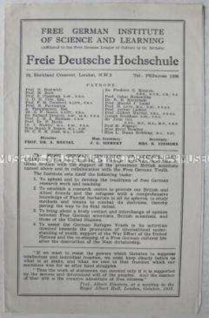 Vorlesungsprogramm der Freien Deutschen Hochschule in London für Oktober bis Dezember 1942, beiliegend Anmeldeformular (blanko)