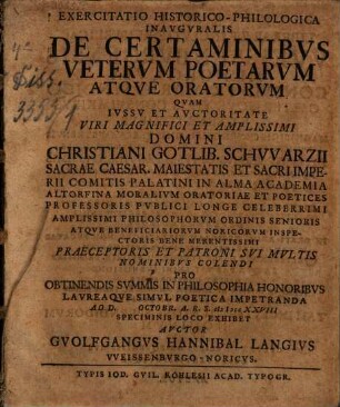 Exercitatio hist. philol. inaug. de certaminibus veterum poetarum atque oratorum