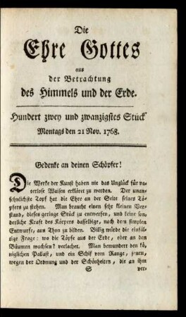 Hundert zwey und zwanzigstes Stück. Montags den 21 Nov. 1768