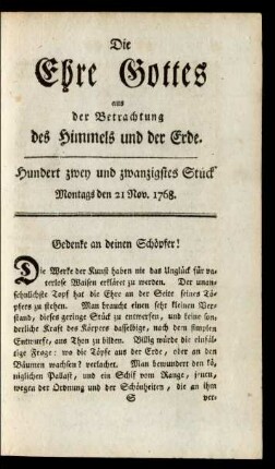 Hundert zwey und zwanzigstes Stück. Montags den 21 Nov. 1768