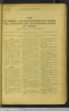 XIII. Berufsklassen und Gewerbebetriebe : XIII. Die Geschäfts-und Gewerbetreibenden von Frankenberg, Gunnersdorf und Niederlichtenau diesseits der Zschopau