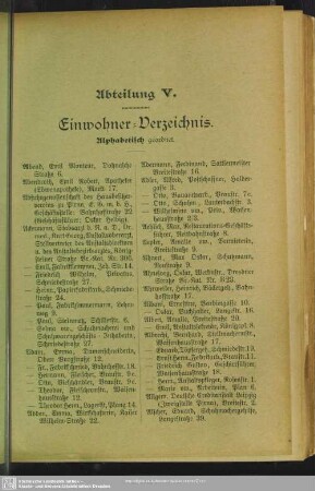 Abteilung V. Einwohnerverzeichnis : Abteilung V. Einwohner-Verzeichnis. Alphabetisch geordnet.