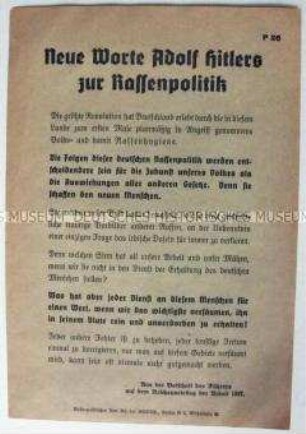 Flugblatt mit Aussagen von Hitler zur Rassenpolitik auf dem Reichsparteitag der NSDAP 1937