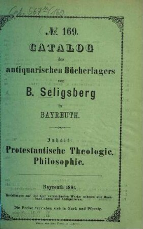 Antiquariats-Katalog. 169. 1881